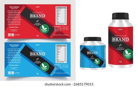 Supplement Bottle and Box Packaging Design Template with Editable Vector Mockup with Nutrition Facts and Modern Layout.