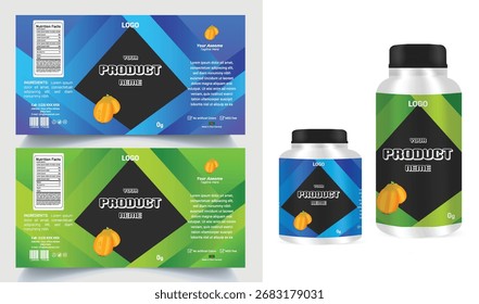 Supplement Bottle and Box Packaging Design Template with Editable Vector Mockup with Nutrition Facts and Modern Layout.