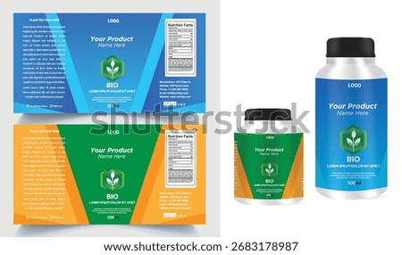 Supplement Bottle and Box Packaging Design Template with Editable Vector Mockup with Nutrition Facts and Modern Layout.