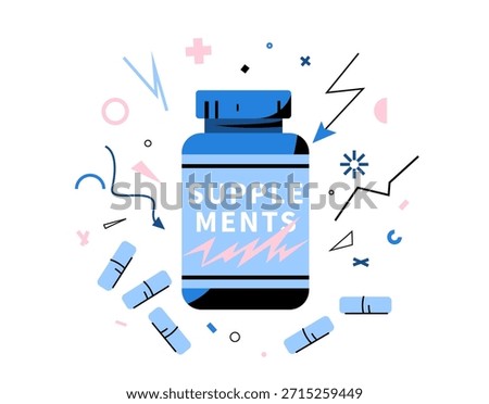 Supplement bottle, capsules vector illustration. Blue supplement jar with label and blue pills surrounded by dynamic, lightning shapes. Concept for vitamins, sport nutrition, energy, health, fitness