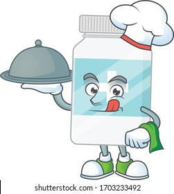 A supplement bottle chef cartoon design with hat and tray