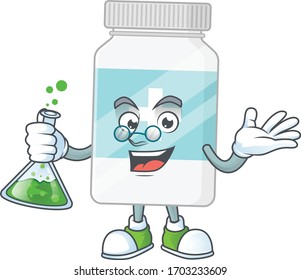 Supplement bottle genius Professor Cartoon character holding glass tube