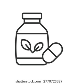 Supplement bottle icon in line design. supplement, vitamin, capsule, health, nutrition, medicine, wellness on white background vector. supplement editable stroke icon