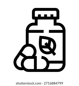 Ergänzungsflasche mit Blattsymbol und Kapseln, Linienkunstvektor, der pflanzliche Nahrungsergänzungsmittel symbolisiert, natürliches Heilmittel, Vitamine und ganzheitliche Wellness für Gesundheit und Immunität