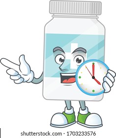 Supplement bottle mascot design concept holding a circle clock