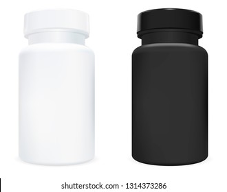 Supplement Bottle for Medicine Capsule. Pill Jar 3d Set. Sport Drug Bottle Black and White Design. Pharmacy or Cosmetic Medication Container with Lid. Medical Collection Package Mockup.