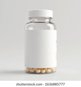 supplement bottle mockup with capsules in it with white label, 3d product mockups,protein jar,medicine bottle with pills,omega 3 capsules,realistic mockups,photography,transparent supplement bottle