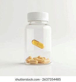 supplement bottle mockup with capsules in it with white label, 3d product mockups,protein jar,medicine bottle with pills,omega 3 capsules,realistic mockups,photography,transparent supplement bottle
