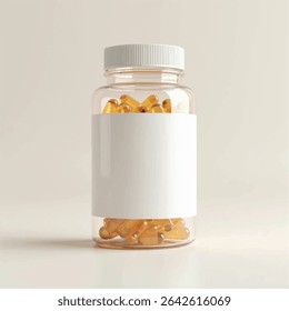 supplement bottle mockup with capsules in it with white label, 3d product mockups,protein jar,medicine bottle with pills,omega 3 capsules,realistic mockups,photography,transparent supplement bottle