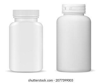 Supplement Bottle Mockup. Vitamin Pill Bottle, Isolated White Plastic Container. Medicine Capsule Jar Blank. Pharmaceutical Medicament Product Package Design. Realistic Antibiotic Drugs Bottle