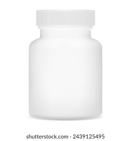 Supplement bottle mockup. White plastic pill bottle, vector template. Pharmaceutical capsule jar. Isolated drug tablet can, medicine product box closeup, prescription remedy