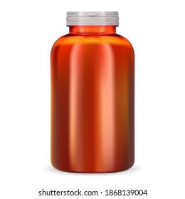 Supplement bottle. Orange plastic vitamin pill jar. Isolated 3d container blank for medical capsule or tablet. Pharmaceutical medicine package design template on white background. Drug product