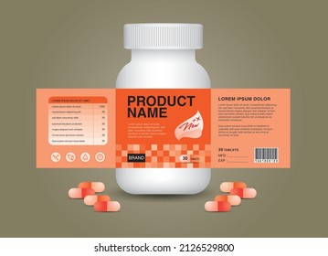 supplement bottle Packaging, Cosmetic package. product design. product label, 3d supplement bottle vector, 3d white plastic Pills box, White medical container. healthcare bottle, realistic mock-up. 