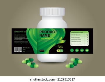 Flasche, Kosmetikverpackung ergänzen. Produktdesign. Naturetikett, 3D-Flaschenvektor, 3D-Plastikverpackung, weißer medizinischer Behälter. Gesundheitsflasche, realistischer Muster. 