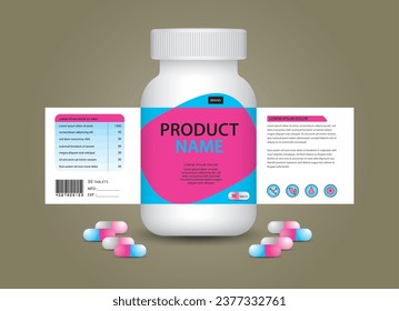 envase de suplemento, envase cosmético. diseño de producto. Etiqueta de belleza, vector de botella de 3d suplementario, caja de almohadas de plástico blanco 3d, contenedor médico blanco. botella de cuidado de la salud, maqueta realista. 