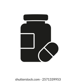 Supplement Bottle with Pill Silhouette Icon. Dietary Supplements and Vitamins in Pill Form for Health and Wellness. Isolated Vector Illustration.