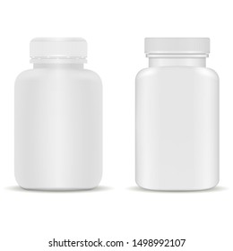 Supplement bottle. Plastic capsule jar for vitamin. White medical packaging template. Realistic remedy package with cap. Pharmaceutical container for aspirin medicament. Empty can without logo