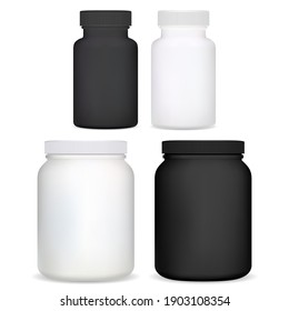 Supplement Bottle. Plastic Vitamin Pill Jar 3d Vector Blank. Isolated Medicine Container In Black And White For Tablet, Capsule, Pharmaceutical Product Design. Whey Protein Powder Sport Pack