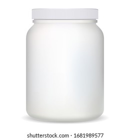 Supplement Bottle. White Plastic Protein Container For Bodybuilding Sport. Cylinder Can Design Mockup. Gym Nutritional Tablets Canister With Cap. Health Pill Box