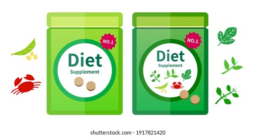 Suplemento, suplemento, ilustración dietética icono conjunto de materiales