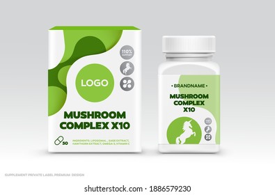 Supplement Food Package Design Template. Private Label Healthy Food Package Design Mockup. Box And Bottle Jar Sticker Mushroom Complex Organic Healthy Supplement Package Design.