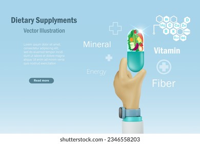 Concepto de alimentación complementaria y nutrición vitamínica. Mano del médico sujetando cápsulas de suplementos dietéticos con frutas y verduras naturales dentro para un cuerpo saludable. vector 3D.