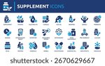 Supplement icon set. Containing vitamin, protein, capsule, minerals, fish oil, calcium, herbal, probiotic, electrolyte, dropper, antioxidant and more. Solid vector icons collection.