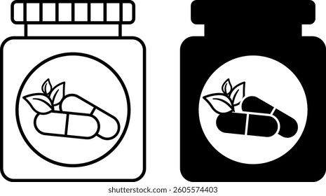 Supplement Icons. Black and White Vector Illustration. Vitamin Container, Dietary Supplement. Healthy Lifestyle. Nutrition Concept