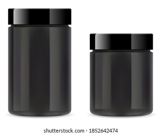 Supplement jar. Black plastic protein bottleon white background. Whey powder tube 3d vector blank. Glossy glass round cylinder can for beauty cream product. Fitness vitamin package