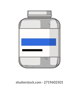Tarro del suplemento que presenta una etiqueta blanca en blanco con los campos azules y negros, ideal para ilustrar conceptos relacionados con el levantamiento de pesas, la salud, la aptitud, y los productos nutricionales