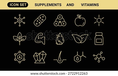 Supplement line editable icon set. Containing vitamin, nutritional Supplements, capsule, protein, minerals, herbal, probiotic, antioxidant and more. Editable stroke. Vector illustration.	
