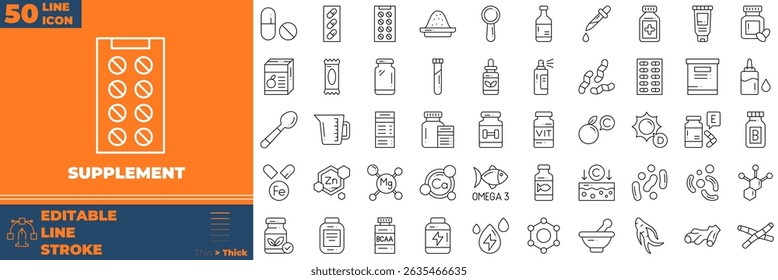 Supplement Line Editable Icons set. Vector illustration in modern thin line style of supplement icons: food, protein, healthy, etc