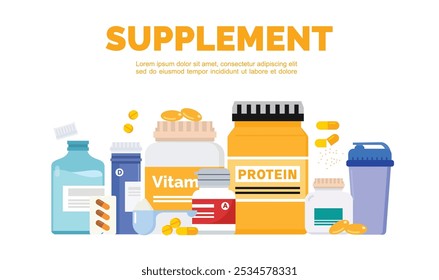 Suplemento concepto de medicina. Medicina de la salud, vitaminas y construcción de músculo en pastillas, cápsulas. Suplemento y botella médica ilustración en estilo plano.