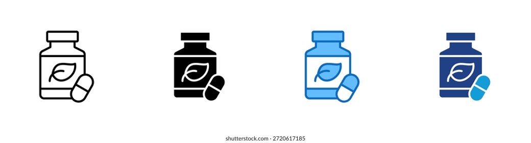 Suplemento Vector de diseño de íconos de estilo múltiple: botella con una hoja y una cápsula que simbolizan vitaminas orgánicas y Asistencia de nutrición diaria