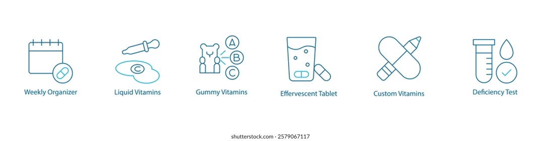 Supplement, Nutrition Vector Icon Set – Weekly Organizer, Liquid and Gummy Vitamins, Effervescent Tablet, Custom Formulas, Deficiency Test