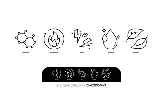 supplement packaging icon set hormones, metabolism, stress, vitamin, nutrition icon set vector illustration 