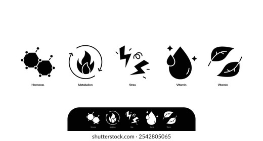 supplement packaging icon set hormones, metabolism, stress, vitamin, nutrition icon set vector illustration 