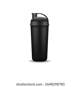 Supplement packaging mockup. Matte black bottle with lid and label for protein or fitness gainer. Isolated plastic jar in 3d style for sport nutrition, medicine, vitamins or cosmetic powder container.