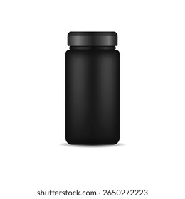Supplement packaging mockup. Matte black bottle with lid and label for protein or fitness gainer. Isolated plastic jar in 3d style for sport nutrition, medicine, vitamins or cosmetic powder container.