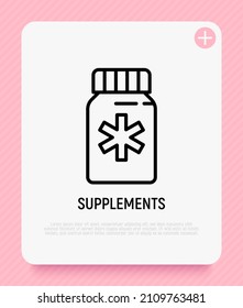 Icono de la línea delgada del suplemento para mascotas. Clínica veterinaria. Ilustración vectorial moderna de medicamentos.