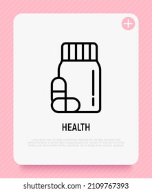 Icono de la línea delgada del suplemento para mascotas. Clínica veterinaria. Ilustración vectorial moderna de medicamentos.
