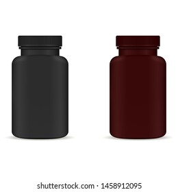 Supplement Pill Bottle. Aspirin Capsule Black and Brown Plastic Jar isolated on White Background. Pharmacy Packaging Template without Label for Vitamin or Remedy. Healthy Pharmaceutical Container