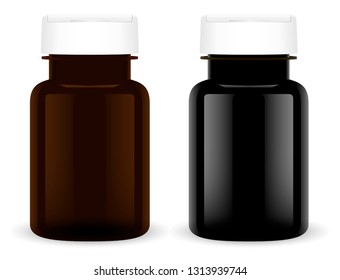 Supplement Pill Bottle. Black Plastic Medical Set. Pharmaceutical Capsule 3d Jar Mockup Template. Round Pharmacy Tablet Container Pack with White Cap. Vitamine or Placebo Box.