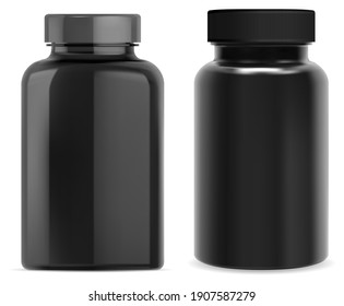 Supplement pill bottle. Black plastic vitamin jar isolated on white background. TAblet capsule container template blank. Pharmaceutical package blank. Sport supplement bottle. Drug remedy