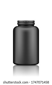 Supplement or pills black plastic bottle mockup isolated on white background. Package design. Blank medicine, sport or fitness nutrition, healthcare template. 3d realistic vector illustration