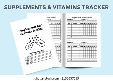 Supplement and vitamin journal template interior. Regular vitamin dose information and medicine list tracker template. Interior of a logbook. Supplement and vitamin information tracker interior.