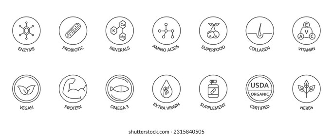 Supplement and vitamin line icon set. Healthy food. Organic, bio, vegan product label. Natural probiotic, protein, mineral sign for packaging. Detox diet badges. Nutrition sign. Vector illustration. svg