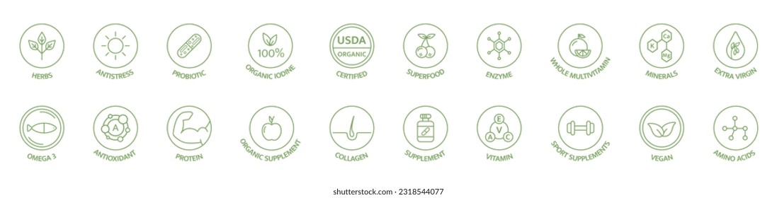Supplement and vitamin line icon set. Natural probiotic, protein, mineral sign for packaging. Healthy food. Organic, bio, vegan product label. Detox diet badges. Nutrition sign. Vector illustration.