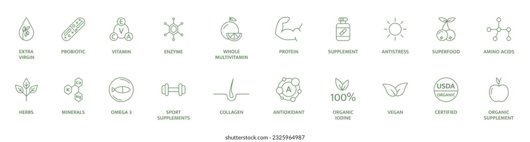 Supplement and vitamin line icon set. Natural probiotic, protein, mineral sign for packaging. Organic, bio, vegan product label. Healthy food. Detox diet badges. Nutrition sign. Vector illustration.