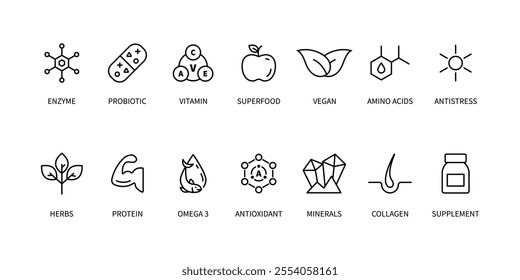 Supplement and vitamin line icon set. Healthy food. Organic, bio, vegan product label. Natural probiotic, protein, mineral sign for packaging. Detox diet badges. Nutrition sign. Vector illustration.